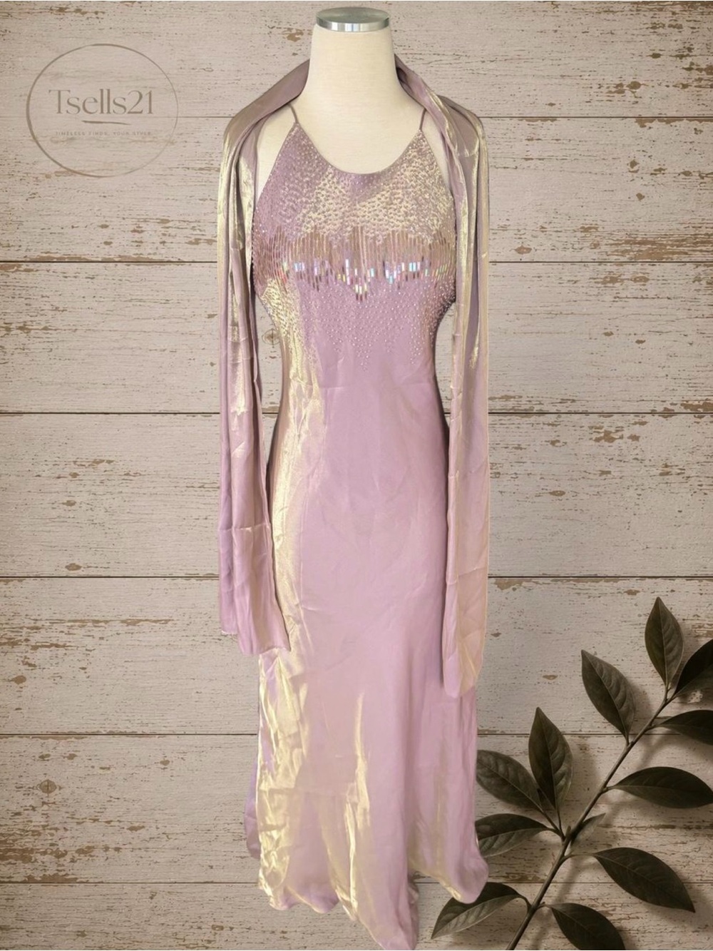 Cachet Vintage 90s Mauve/Lavender Metallic Iridescent Gown & Shawl Set - Size 12